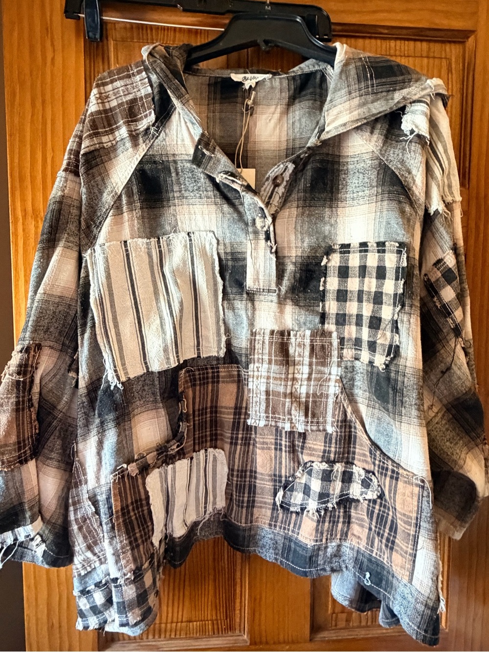Boho Blue Velvet Patchwork flannel Plaid Hoodie Top - Multicolor
